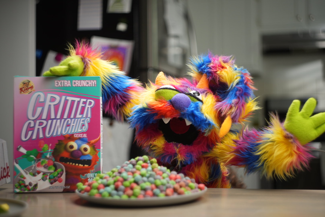Crunchy the monster mascot with Critter Crunchies cereal